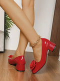 Image 4 - heel detail of Handmade Red High Heel Pumps for Women with Retro Daisy Decor - Stylish Round & Square Toe Design for Spring & Autumn