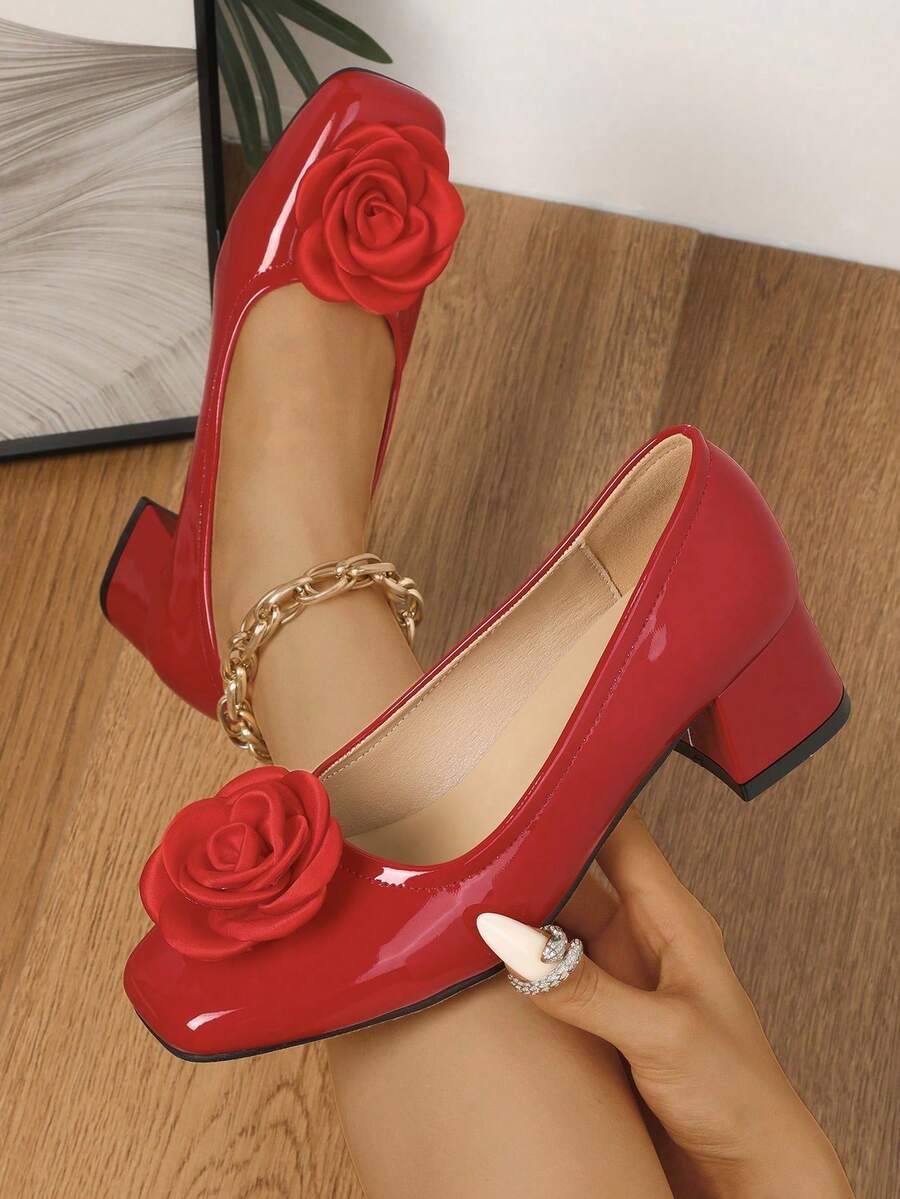 Image 1 - front view of Handmade Red High Heel Pumps for Women with Retro Daisy Decor - Stylish Round & Square Toe Design for Spring & Autumn