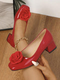 Image 2 - side profile of Handmade Red High Heel Pumps for Women with Retro Daisy Decor - Stylish Round & Square Toe Design for Spring & Autumn