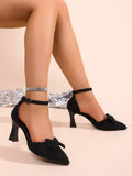 Detail view of Chic Pointed Toe Suede High Heels with Bow Detail for Stylish Women - Perfect for Parties and Events for shoes styling