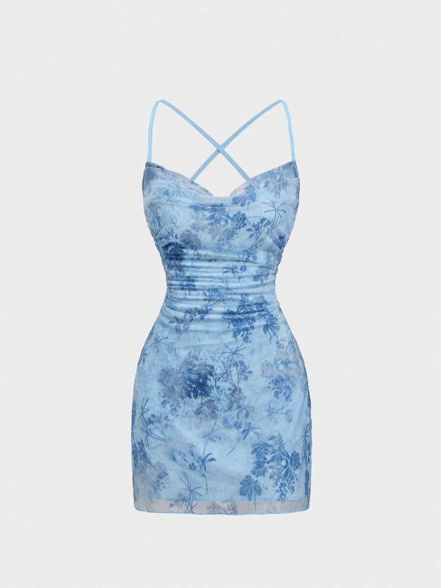Front view of blue backless criss-cross mini dress for summer nights