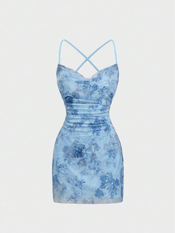 Front view of blue backless criss-cross mini dress for summer nights