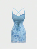 Side view of baby blue fitted mini dress with spaghetti straps