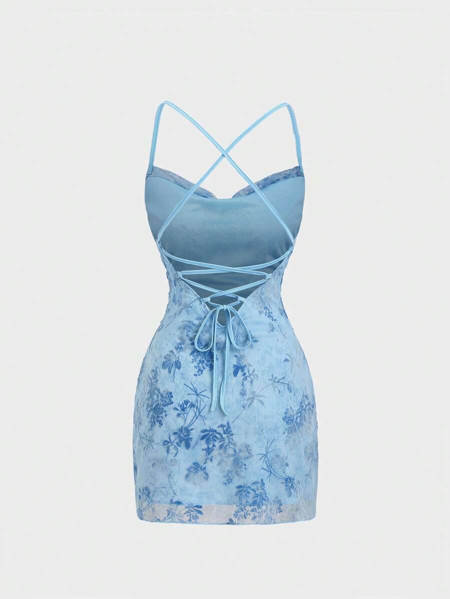 Side view of baby blue fitted mini dress with spaghetti straps