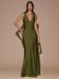 Back view of olive green sleeveless deep V-neck maxi dress with crossed open back, shown for wedding and evening wear