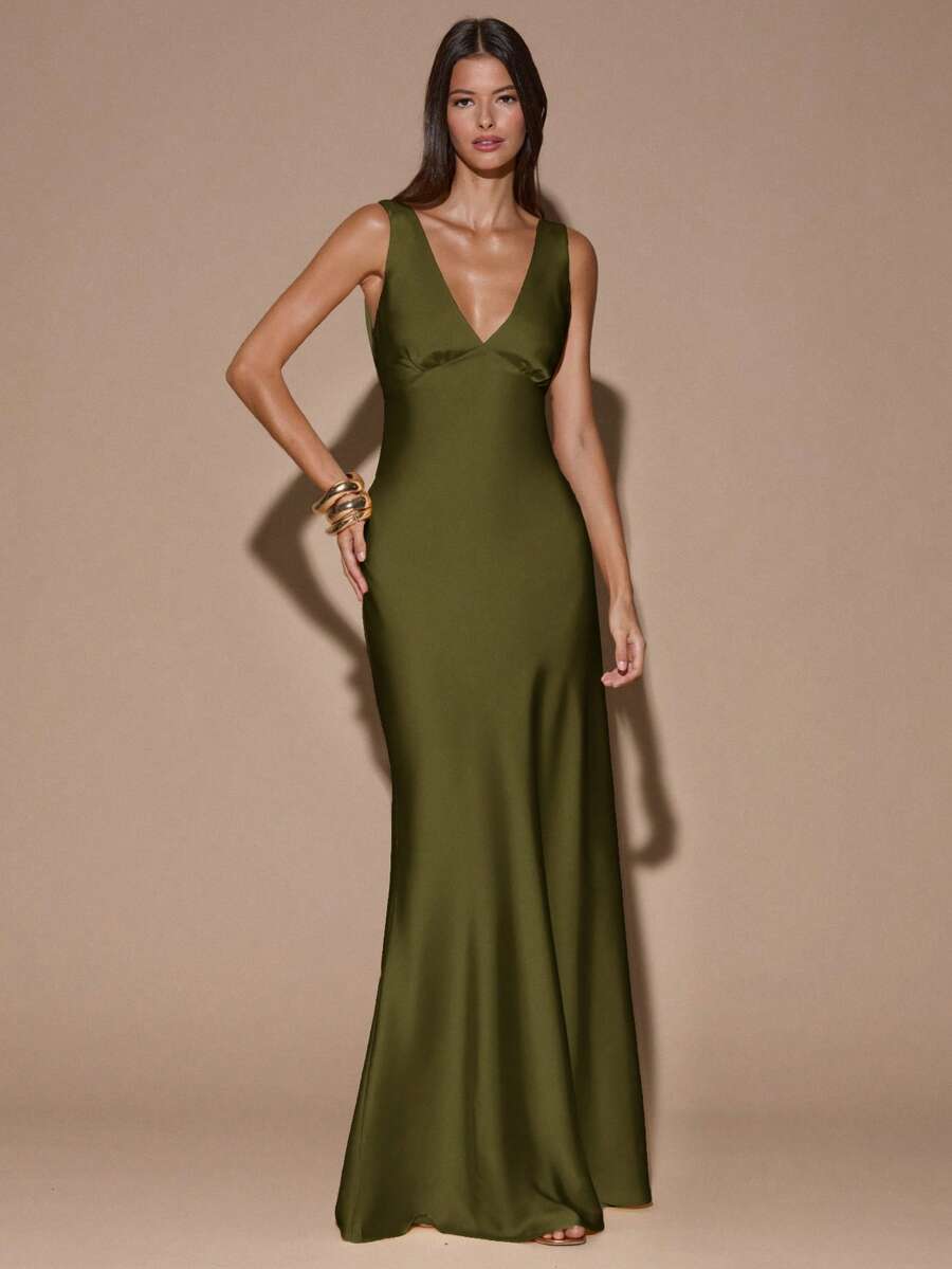 Back view of olive green sleeveless deep V-neck maxi dress with crossed open back, shown for wedding and evening wear
