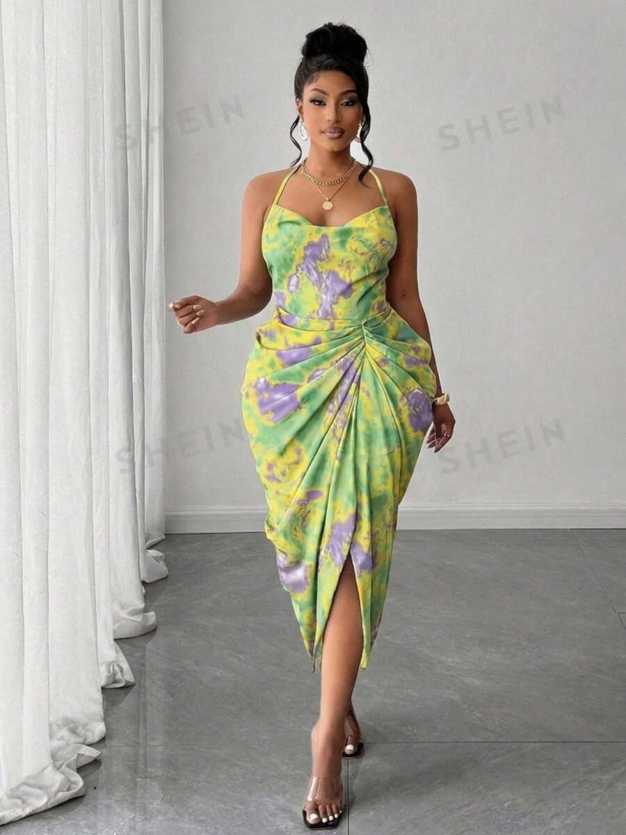 Image 16 - concert styling of Plus Size Women’s Tie Dye Pleated Casual Halter Neck Dress for Trendy Party Outings