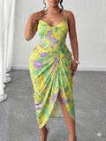 Image 18 - tie dye detail of Plus Size Women’s Tie Dye Pleated Casual Halter Neck Dress for Trendy Party Outings