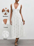 Casual Mid-Length Dress with Hollow Embroidery and Twist Back for Vacation Outfits