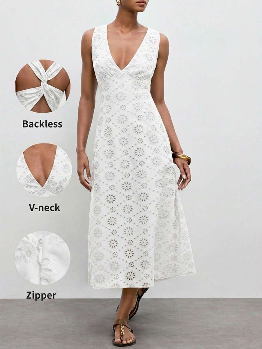 Casual Mid-Length Dress with Hollow Embroidery and Twist Back for Vacation Outfits
