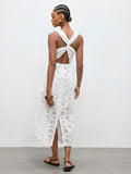 Casual Mid-Length Dress with Hollow Embroidery and Twist Back for Vacation Outfits