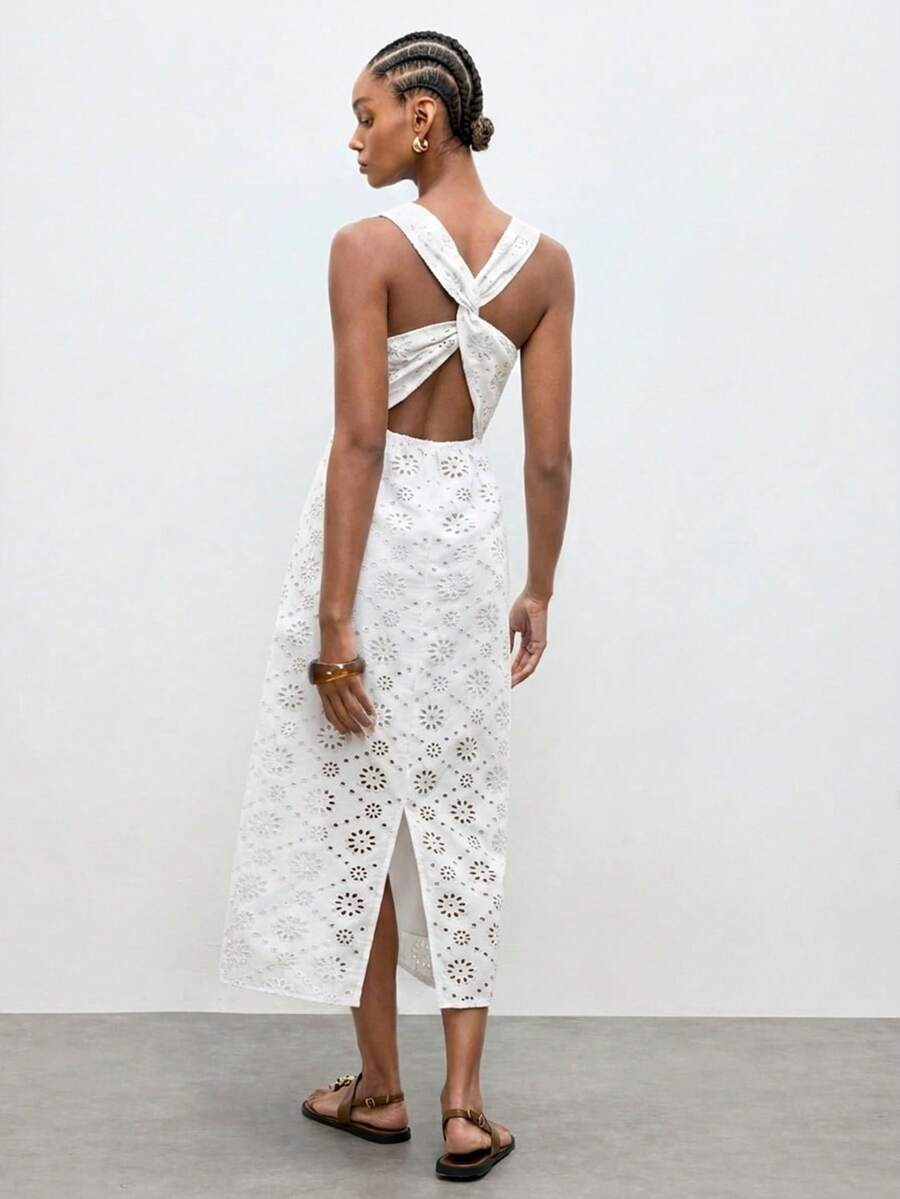 Casual Mid-Length Dress with Hollow Embroidery and Twist Back for Vacation Outfits