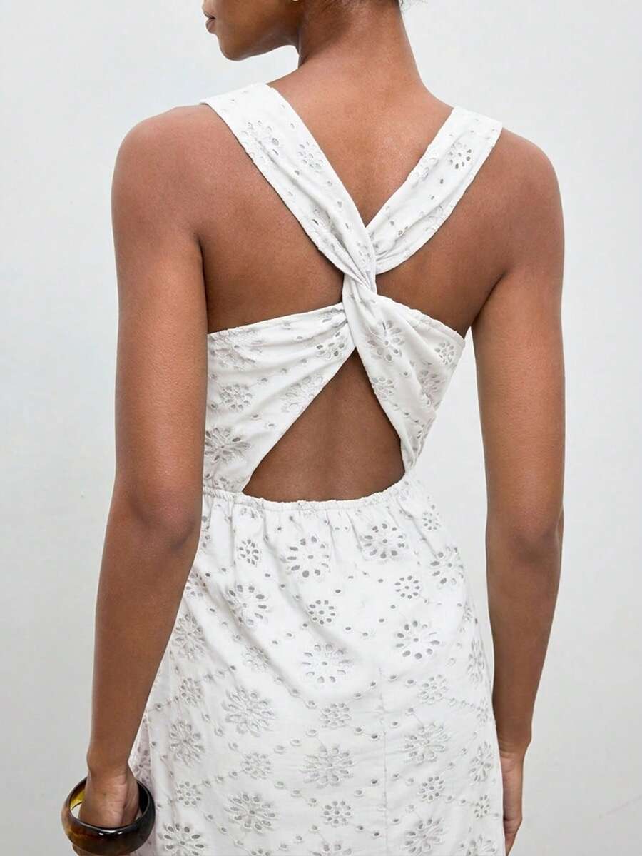 Casual Mid-Length Dress with Hollow Embroidery and Twist Back for Vacation Outfits