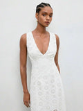 Casual Mid-Length Dress with Hollow Embroidery and Twist Back for Vacation Outfits