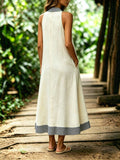 Back view of cream sleeveless maxi dress with gingham collar and hem