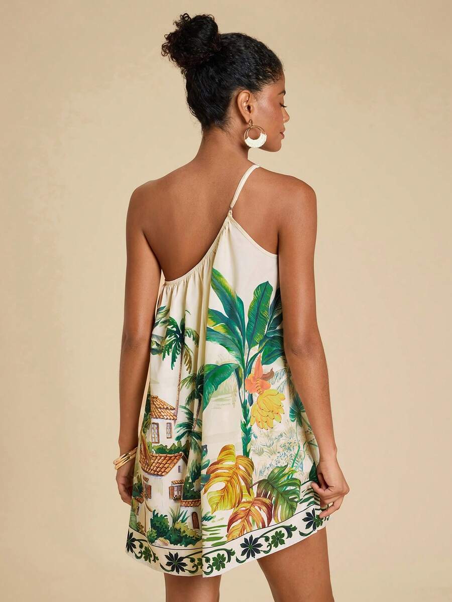 Front view of cream and green tropical one-shoulder mini dress with scenic print and border hem