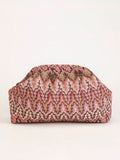 Front product view pink vintage bohemian clutch with gathered top and leaf chevron print
