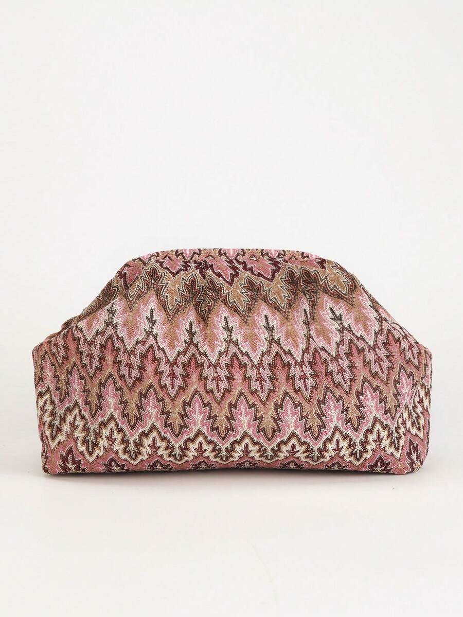 Front product view pink vintage bohemian clutch with gathered top and leaf chevron print