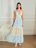Pale blue backless floral maxi dress with thin straps