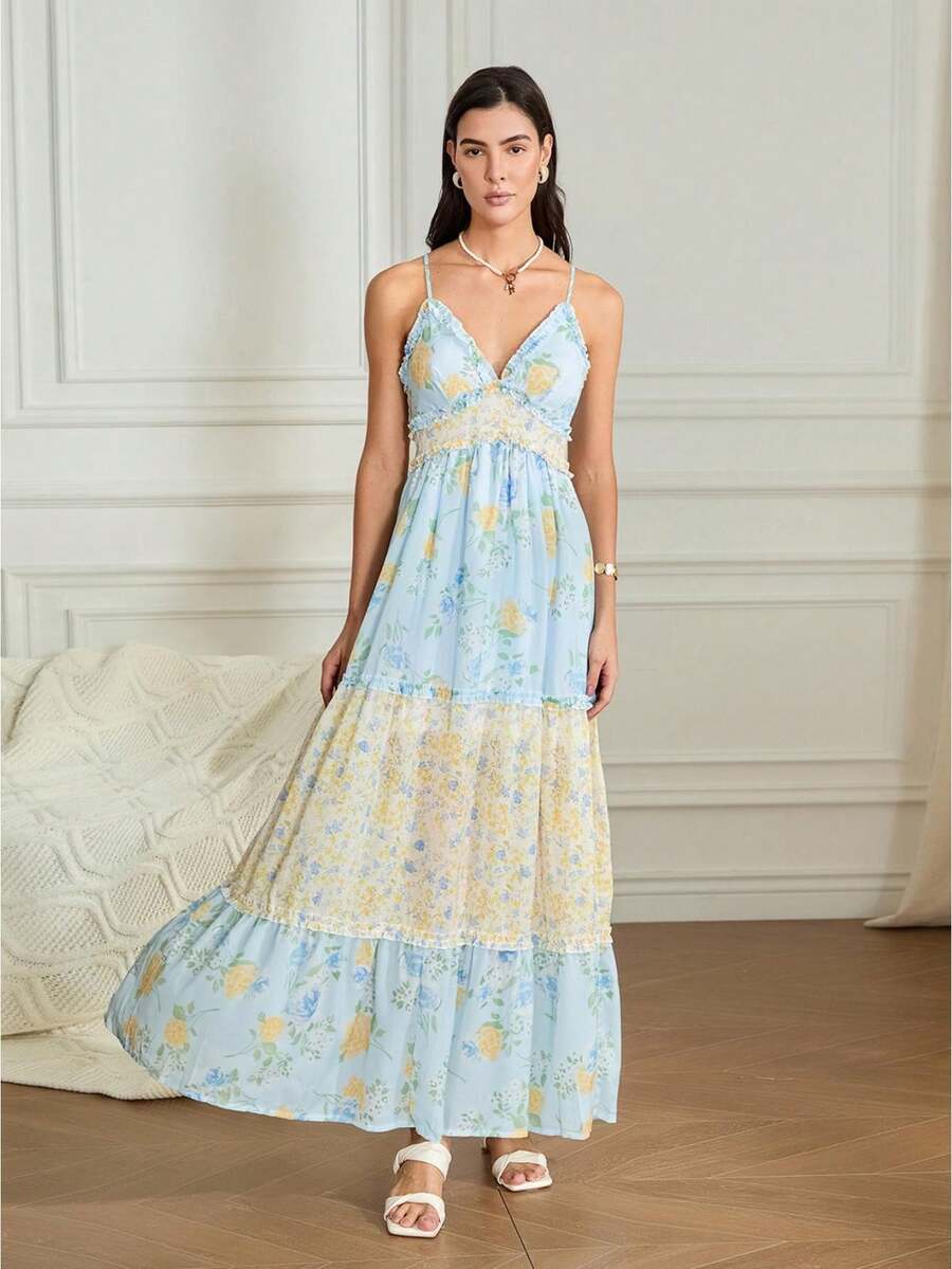 Pale blue backless floral maxi dress with thin straps
