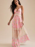Aqua floral maxi dress with adjustable straps and ruffle trim