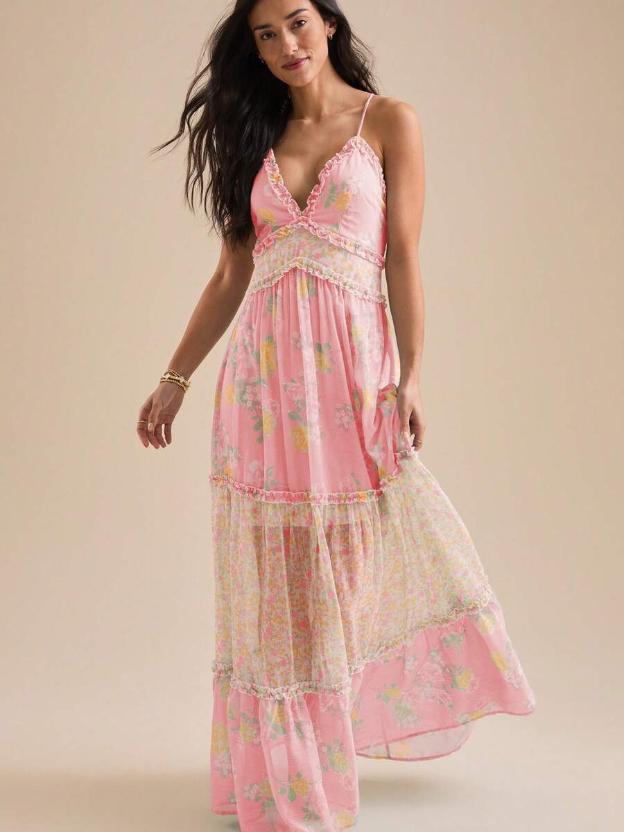 Aqua floral maxi dress with adjustable straps and ruffle trim