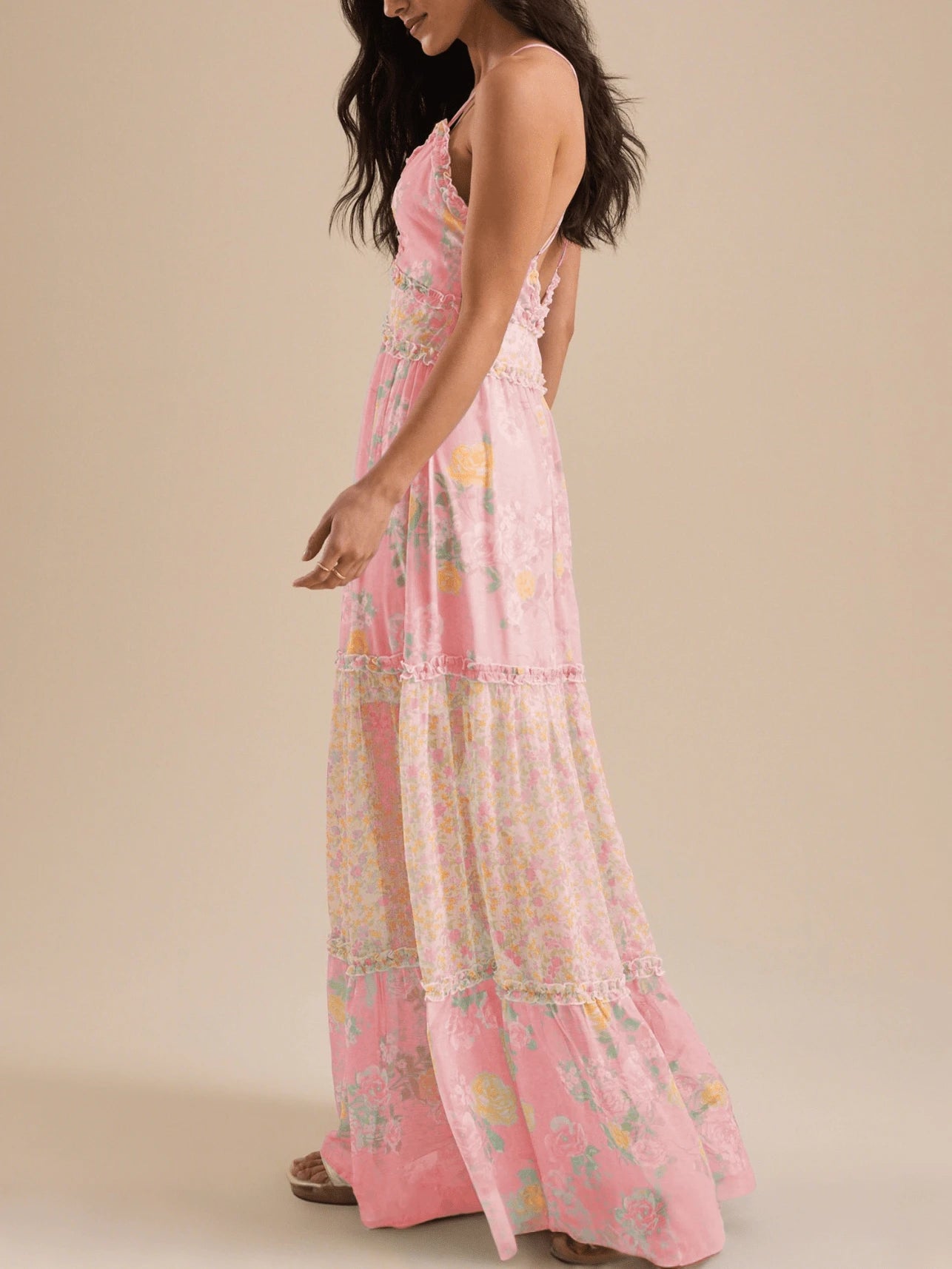Lavender floral maxi dress with empire waist and gathered tiers