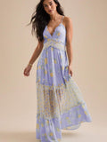 Pink floral maxi dress with wide printed waistband