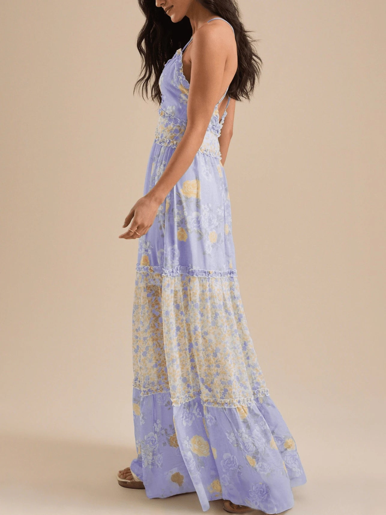 Aqua floral summer dress with sleeveless floor-length silhouette