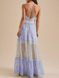 Lavender floral dress with ruffled neckline and tiered hem