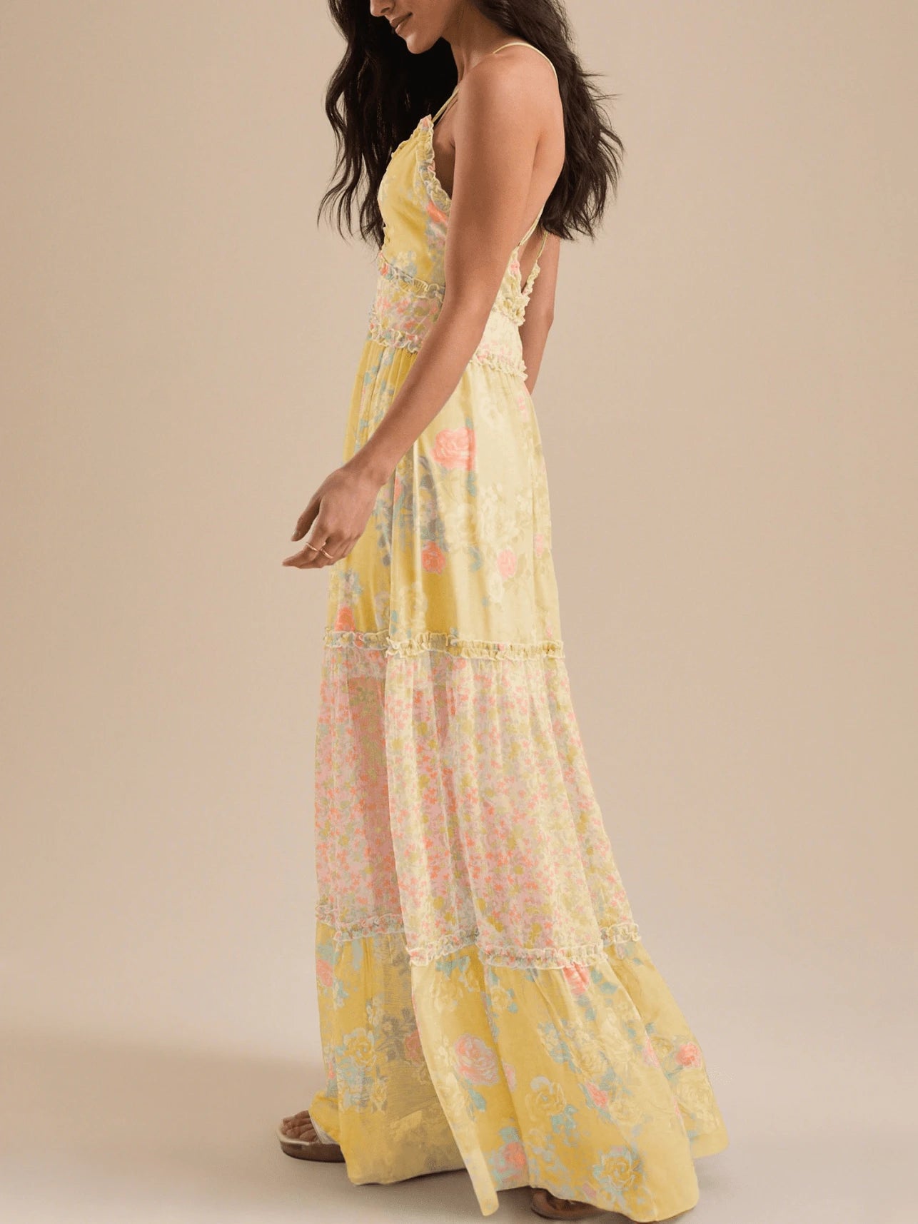 Light yellow floral beach dress with open back