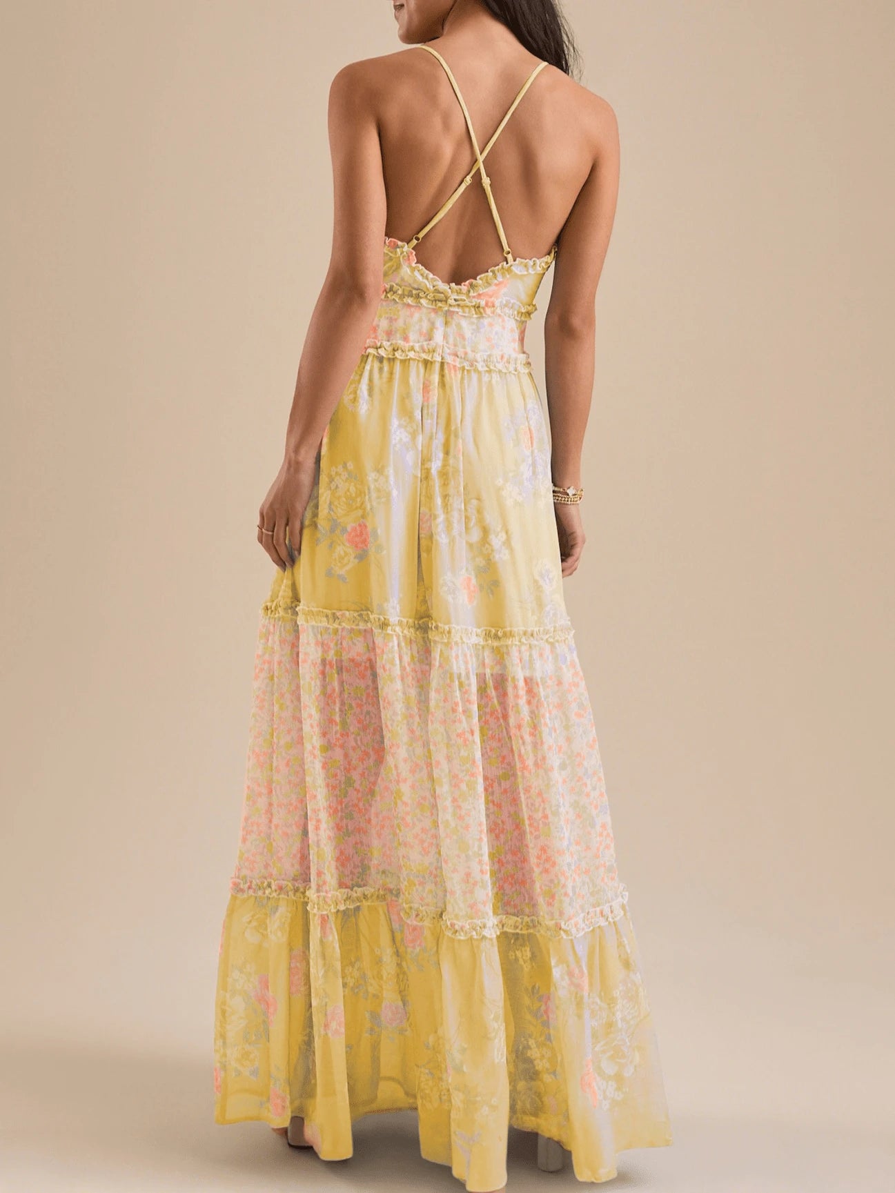 Colorful floral print maxi dress with ruffle edging