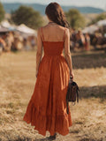 Rust orange high low dress back view with adjustable straps and smocked bodice