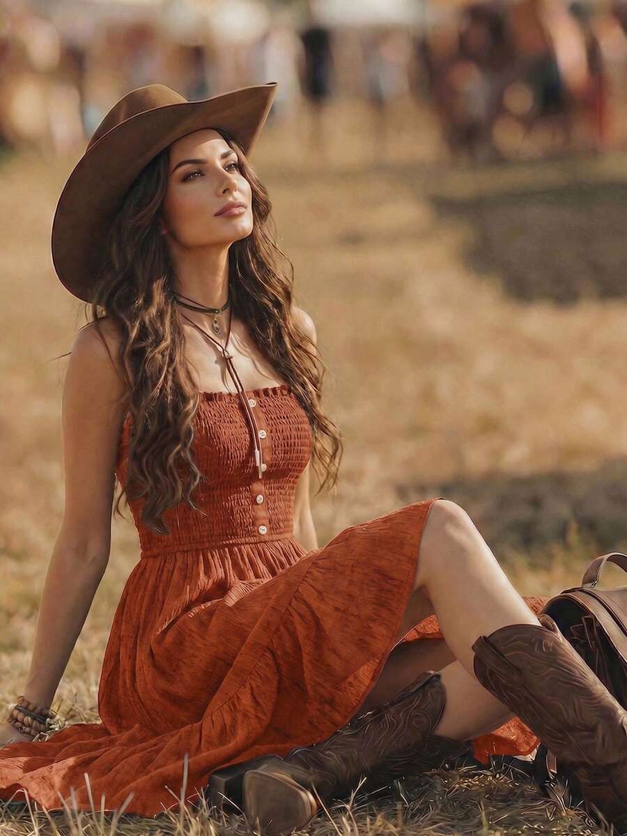Rust orange boho sundress seated front view with ruffle hem and western styling