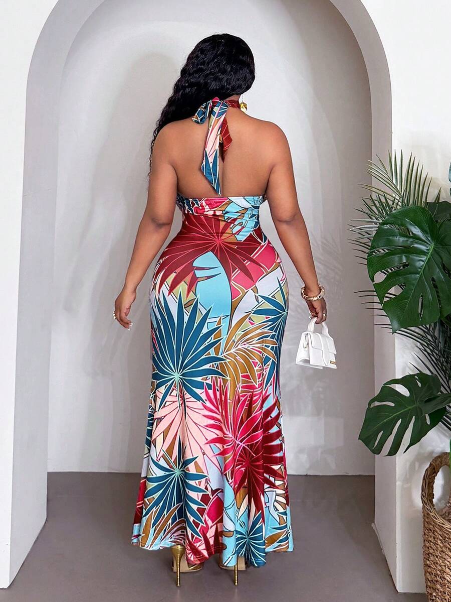 Side view of plus size tropical print maxi dress - sleeveless halter tie front for boho beach vacations and summer weddings with maxi dress silhouette, tropical print, plus size fit for summer casual wear