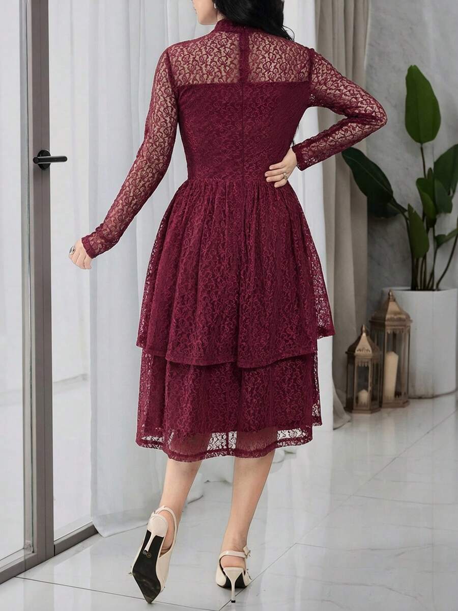 Elegant Solid Color Lace Notched Neck Mid-Length Dress for Women's Timeless Style - elegant women dress visible in all media, product image 1