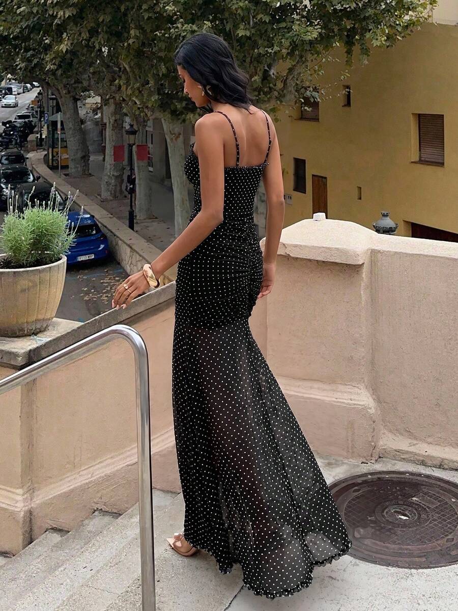 42 media show strappy mesh maxi dress in solids and prints with deep plunge V, front bead connector, ruffle trim, ruched bodice and hips, thigh slit, sheer flared lower skirt, low straight back, adjustable spaghetti straps. image 37