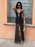 42 media show strappy mesh maxi dress in solids and prints with deep plunge V, front bead connector, ruffle trim, ruched bodice and hips, thigh slit, sheer flared lower skirt, low straight back, adjustable spaghetti straps. image 38