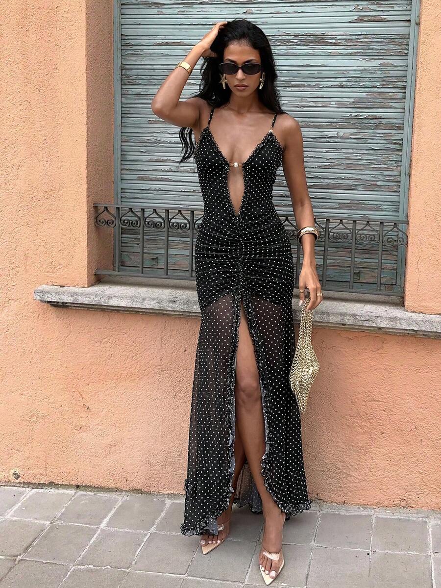 42 media show strappy mesh maxi dress in solids and prints with deep plunge V, front bead connector, ruffle trim, ruched bodice and hips, thigh slit, sheer flared lower skirt, low straight back, adjustable spaghetti straps. image 38