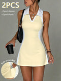 polo tennis golf mini dress with liner shorts, pocket, white collar, contrast side panels and racerback active fit image 7