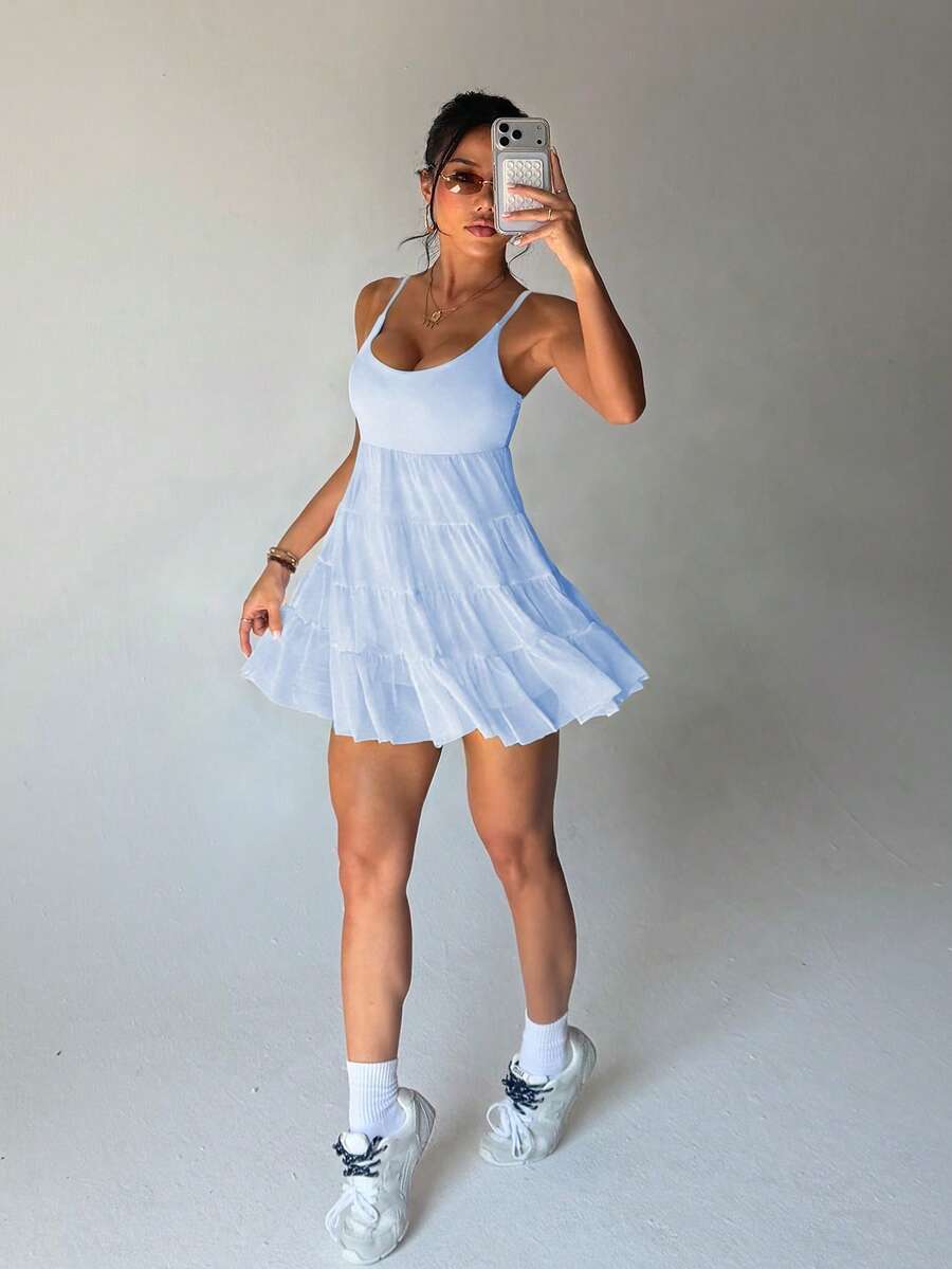 adjustable spaghetti strap mesh ruffle mini sports dress with built in pocket shorts image 10