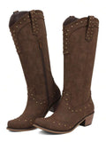 Heel view of Retro Western Cowboy Boots for Women – Studded Knee-High Fashion with Chunky Heels and Side Zipper for Country Concerts for punk motorcycle boot styling