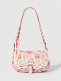 Rusty rose floral corduroy shoulder bag with lace trim and front buckle strap