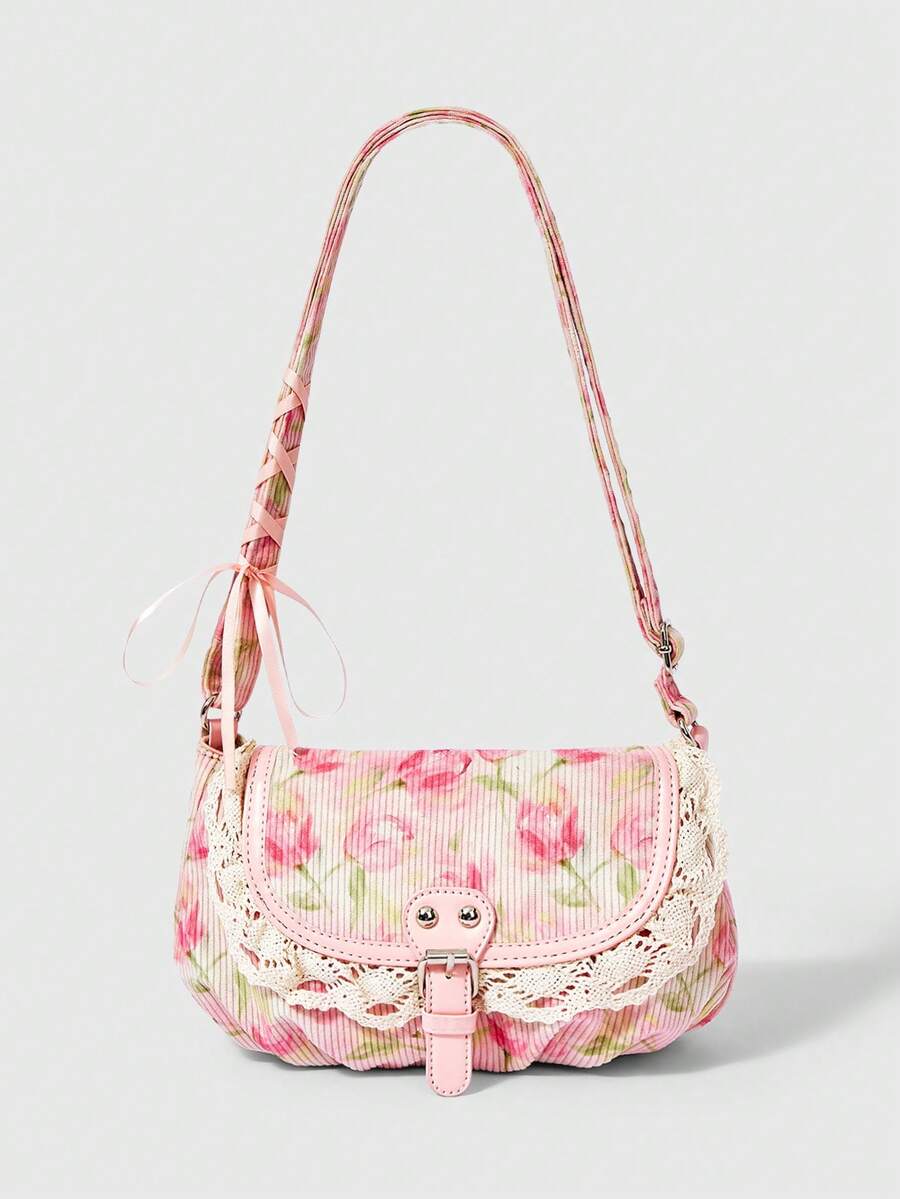 Rusty rose floral corduroy shoulder bag with lace trim and front buckle strap
