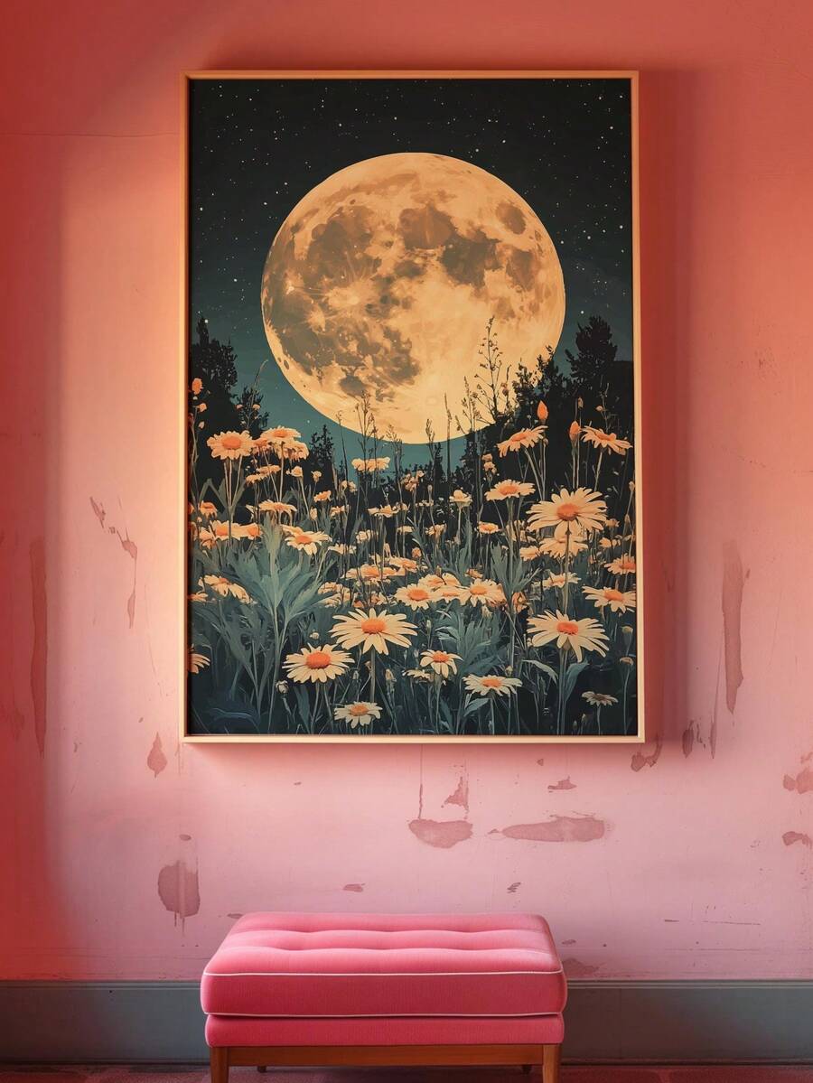 Moonlit daisy meadow wall art in a warm wood frame above a cabinet