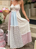 Boho maxi dress with mixed floral and checked fabric panels