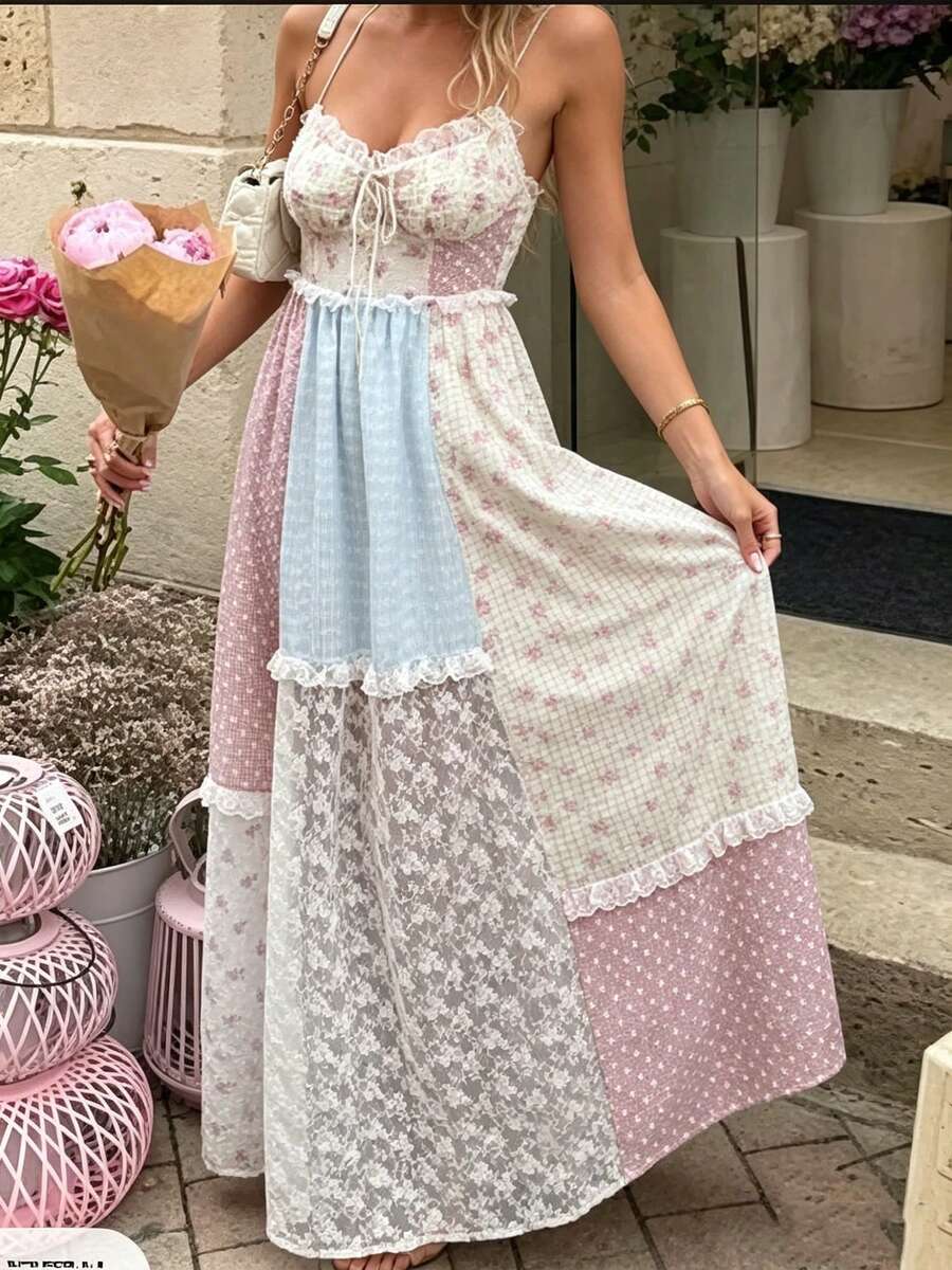 Boho maxi dress with mixed floral and checked fabric panels