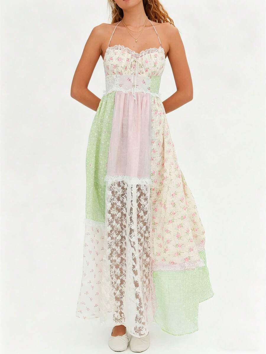 Yellow boho maxi sundress with open back and halter ties