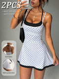 polka dot cami sports mini dress and matching shorts set with adjustable straps and side pocket image 10