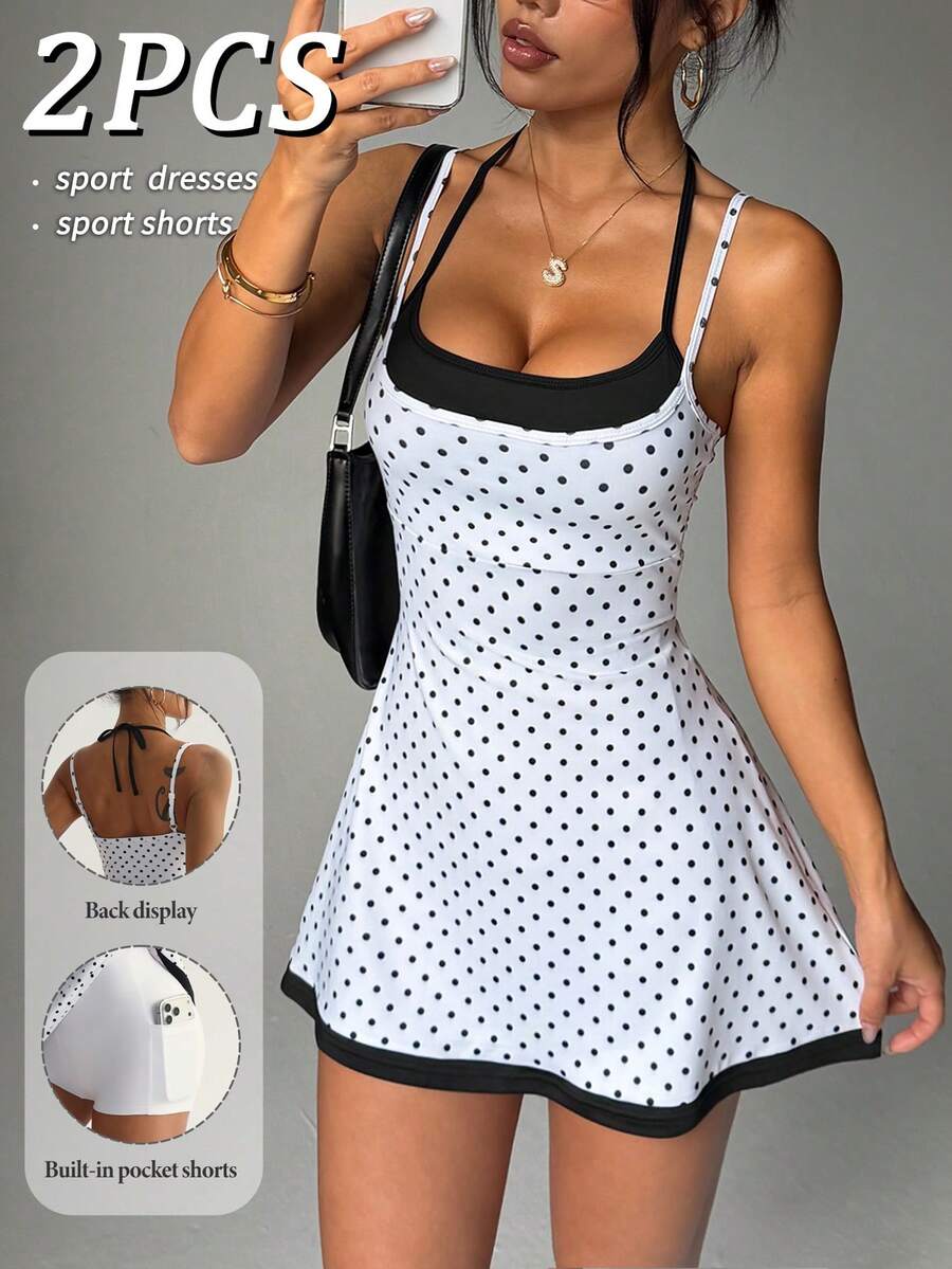 polka dot cami sports mini dress and matching shorts set with adjustable straps and side pocket image 10